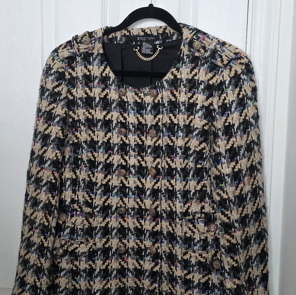 Etcetera Tweed Boucle Wool Houndstooth Blazer Black Multicolor Size 12 - Picture 2 of 11